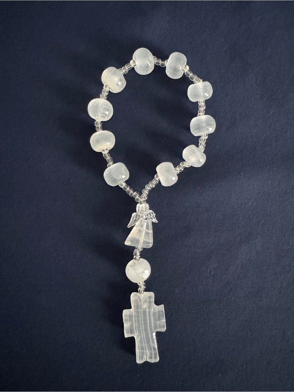 White Onyx Crystal Beaded Prayer Rosary with Cross, handmade in Puebla, Mexico